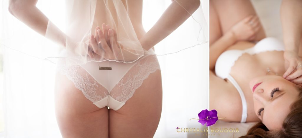 White lace panties with necklace and wedding veil white bra natural window light boudoir