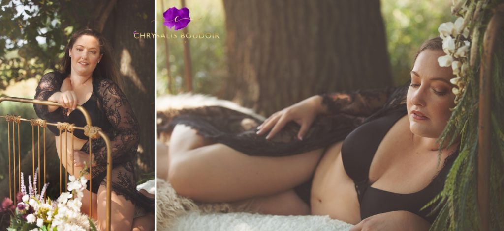Curly Blonde black lace robe and bra on bed Outdoor Natural Light Boudoir barn door Doing something for her