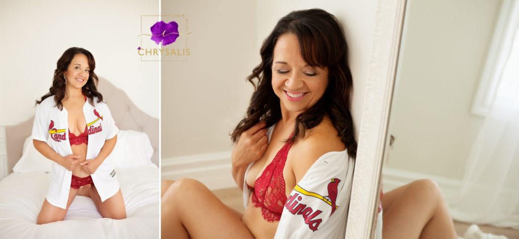 Curly Brunette Cardinals Jersey and Red Lace Bralette Natural Window Light Boudoir Seeing Herself through different eyes