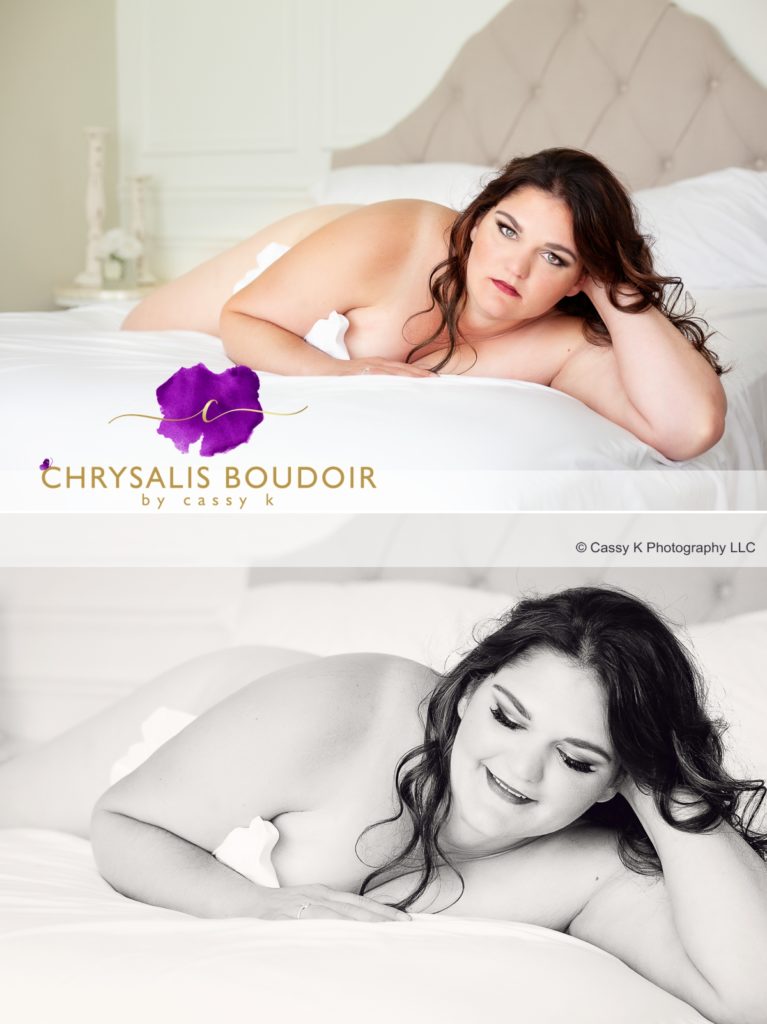Curly brunette is a Beauty Beyond Size laying on side with a white sheet only for Boudoir Photoshoot