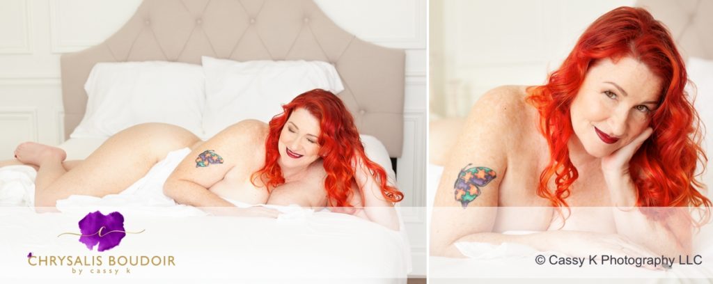 Curly Red head knows age nothin but number laying on white sheet only being sweet for Boudoir Photoshoot