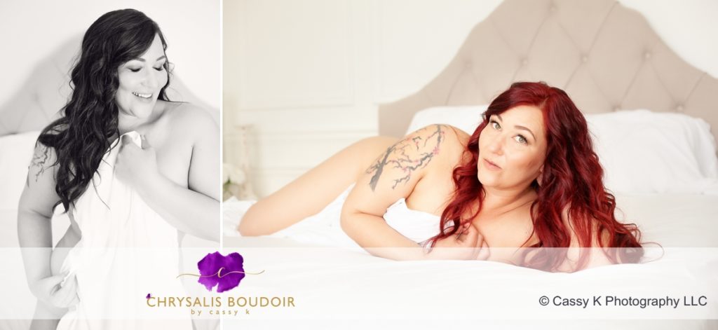 Curly Red Head single mom building confidence white sheet only for Boudoir Photoshoot