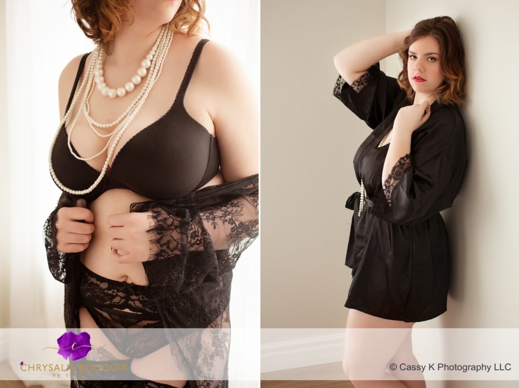 Curly brunette becoming confident black silk lace robe pearls for Boudoir Photoshoot