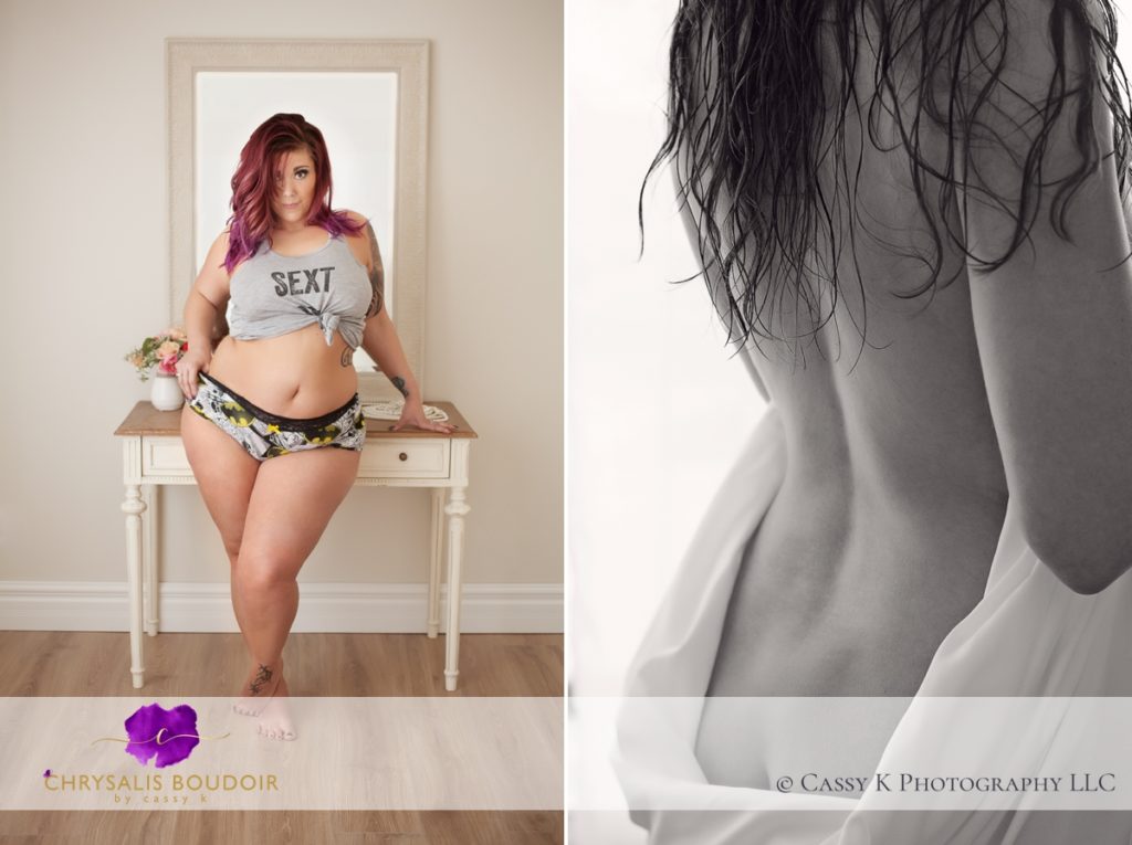 Tank top and batman undies on Spoon Body shape standing with white sheet for Boudoir Photoshoot