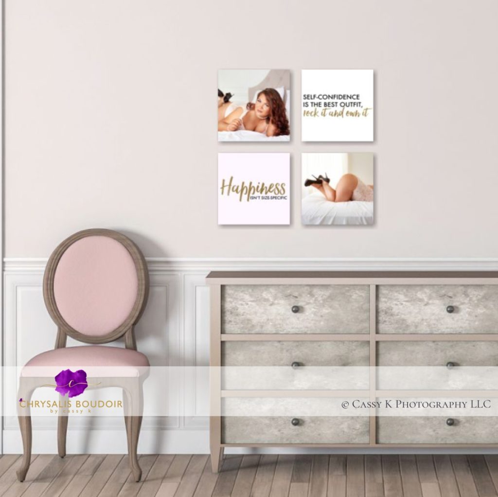 Inspirational boudoir portraits above dresser quotes Happiness isn't size specific self confidence is the best outfit