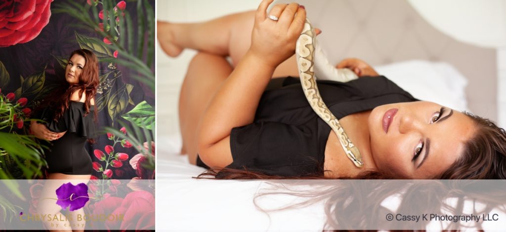 Brown wavy hair and brown eyed woman battling a Debilitating Skin Condition with ball python for Boudoir Photoshoot