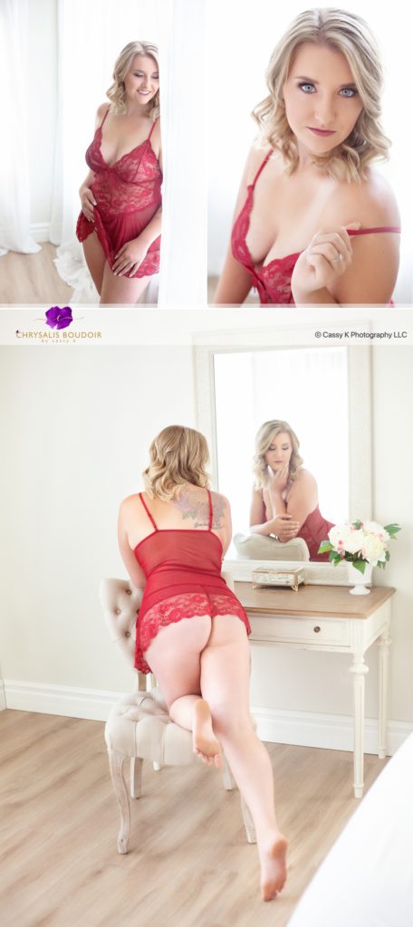 Blond hair and blue eyed woman starting New chapter of loving herself with red lingerie for Boudoir Photoshoot
