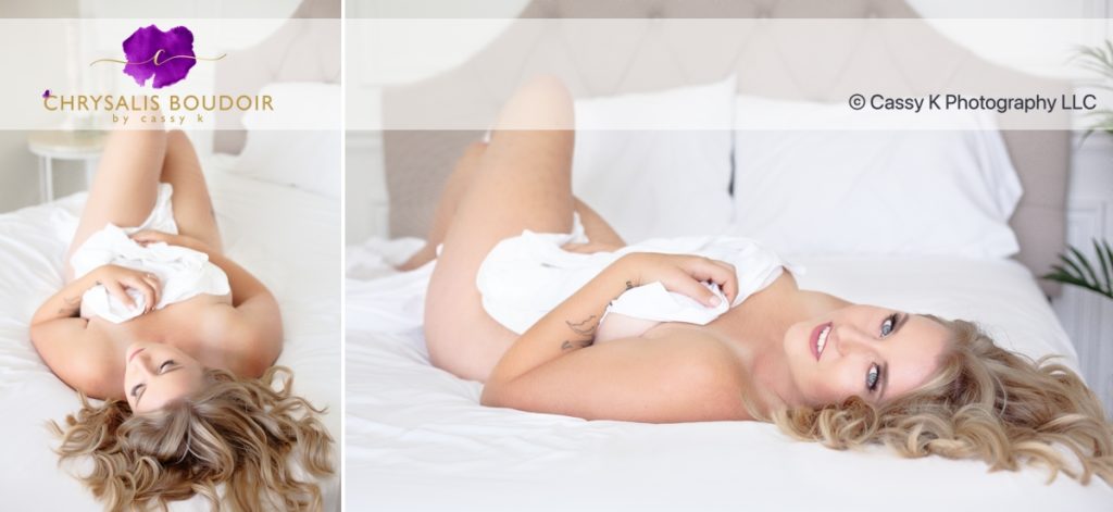 Blond hair and blue eyed woman starting New chapter of loving herself with white sheet for Boudoir Photoshoot