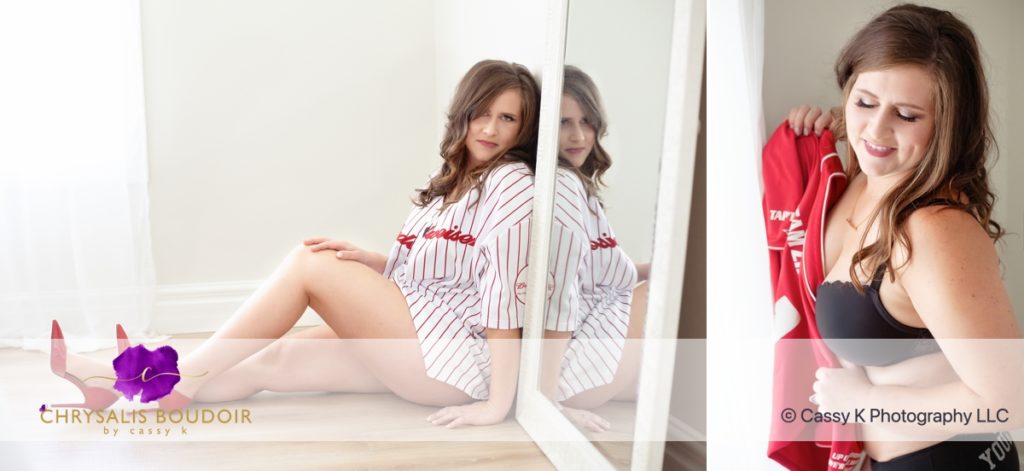 Brunette Blond hair and green eyed woman giving a gift he will never forget in red softball jersey for Boudoir Photoshoot