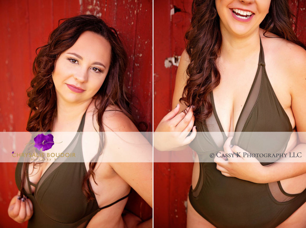 Curly Brunette hair and brown eyed woman finding her Super power next to red barn in green swimsuit for outdoor Boudoir Photoshoot