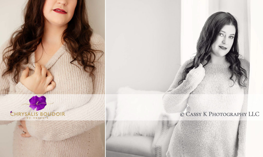 Brunette hair and green eyed woman her priorities in sweater for Boudoir Photoshoot