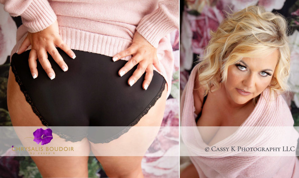 Blond hair and blue eyed woman in a pink sweater Boudoir Photoshoot