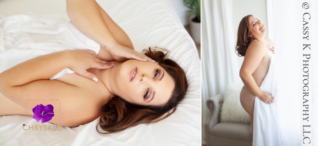 Brunette and green eyed woman motivated wearing only white sheet for Boudoir Photoshoot