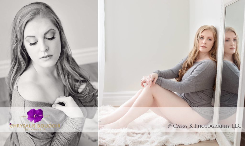 Blonde haired woman wears gray top in snow day iowa Boudoir Photoshoot