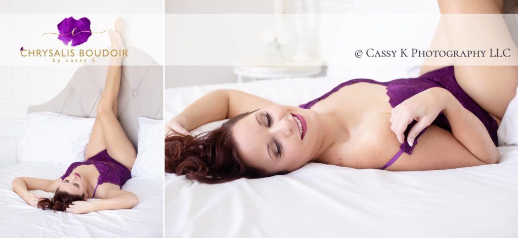 Brunette Blond hair and Brown eyed woman celebrating weight loss laying on bed for Boudoir Photoshoot