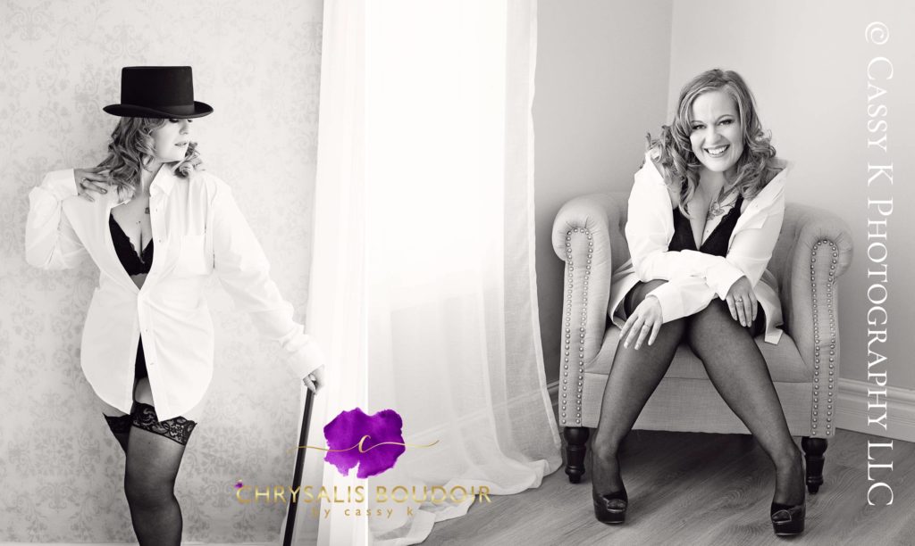 Blond hair and blue eyed woman feels sexy in white shirt and top hat for Boudoir Photoshoot