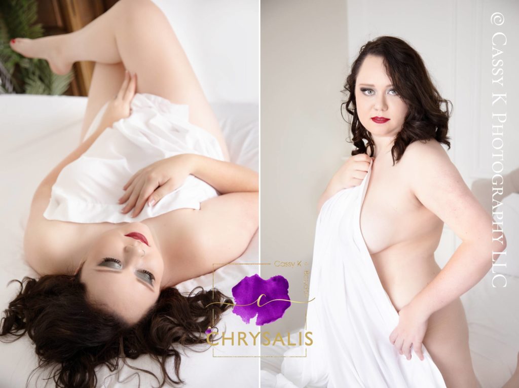 Brunette hair and blue eyed woman feels strong after Iowa white sheet Boudoir Photoshoot
