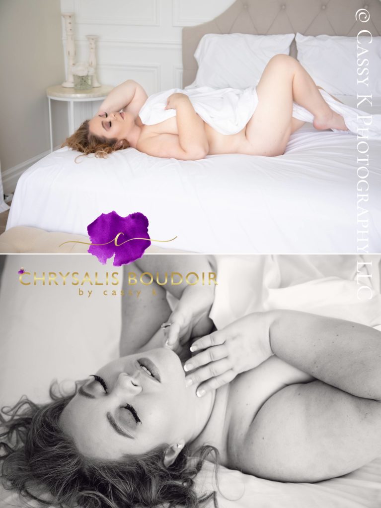 Brunette Blond hair and blue eyed woman rewards herself with white sheet Boudoir Photoshoot