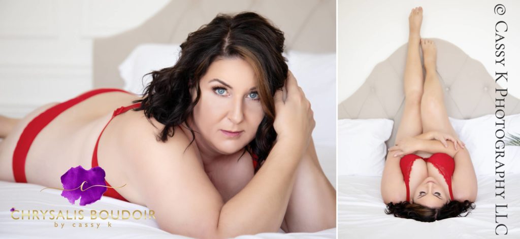 Brunette hair and Blue eyed woman finds her beauty with Boudoir Photoshoot