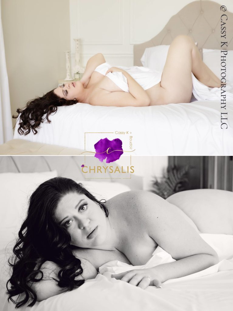Brunette hair woman over coming shy with white sheet for Boudoir Photoshoot