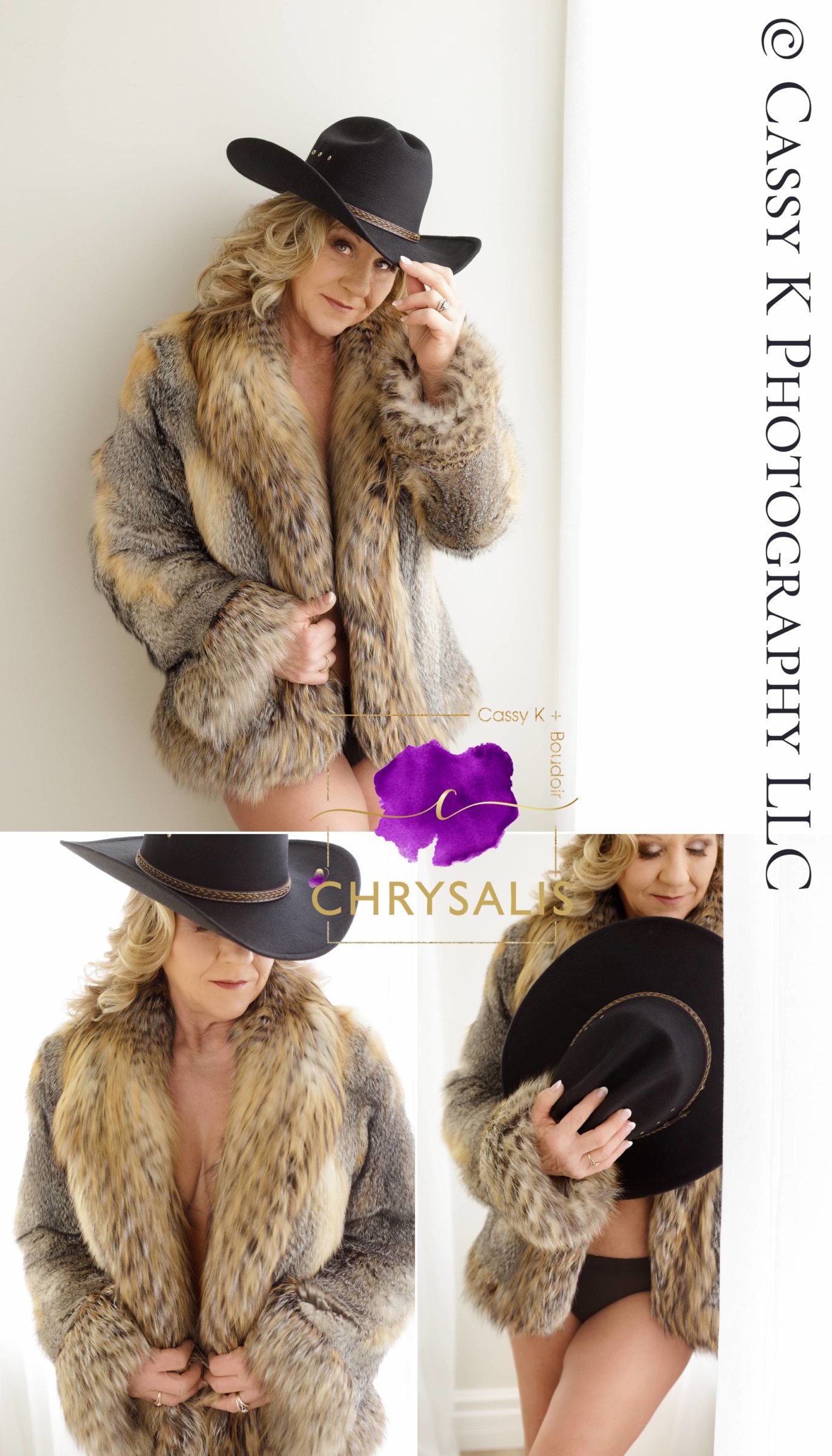 Blond hair woman proving never too old for boudoir wearing fur coat and cowboy hat for Boudoir Photoshoot