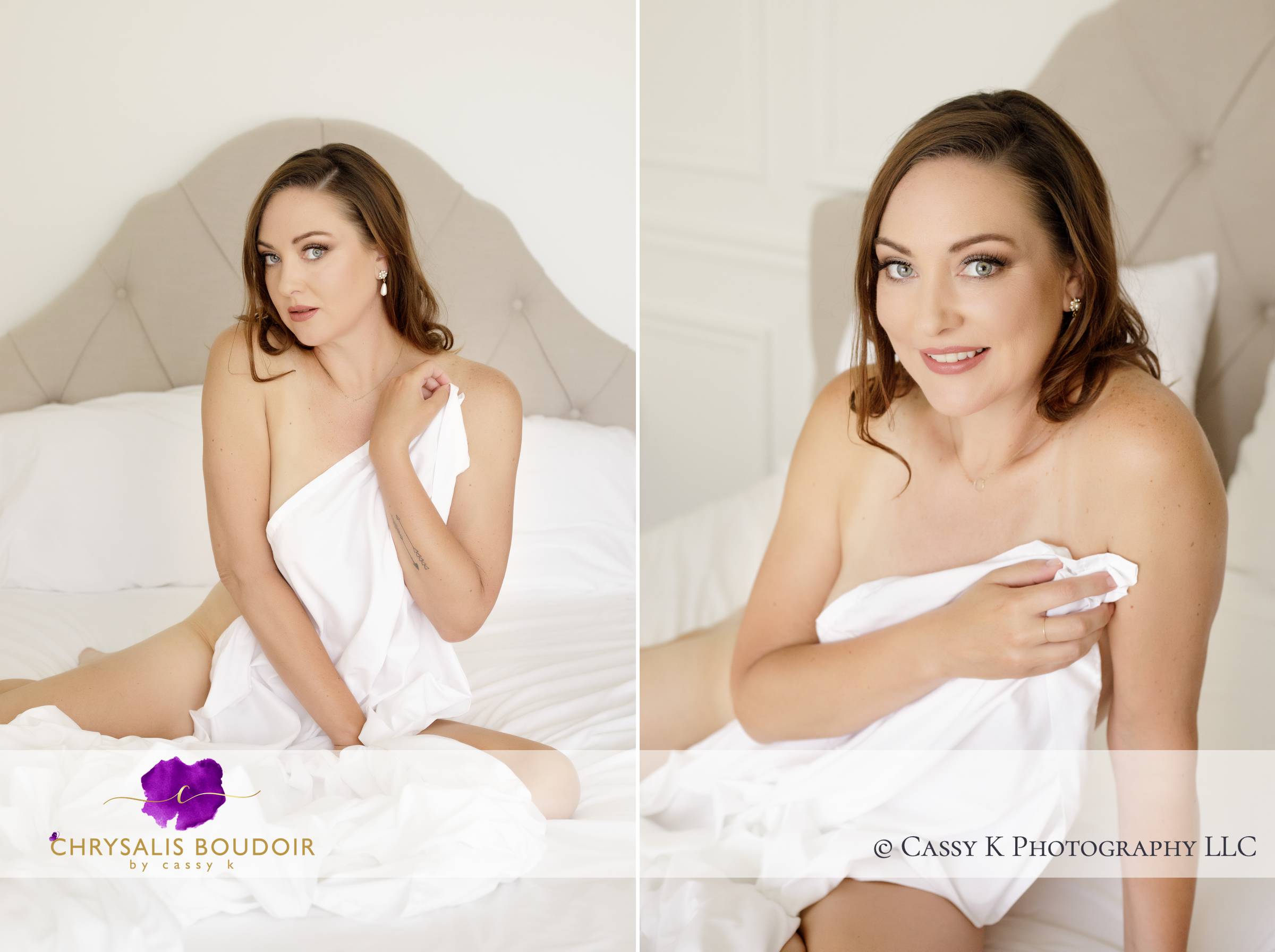 Brunette hair and green eyed woman going from timid to confident with white sheet for Boudoir Photoshoot