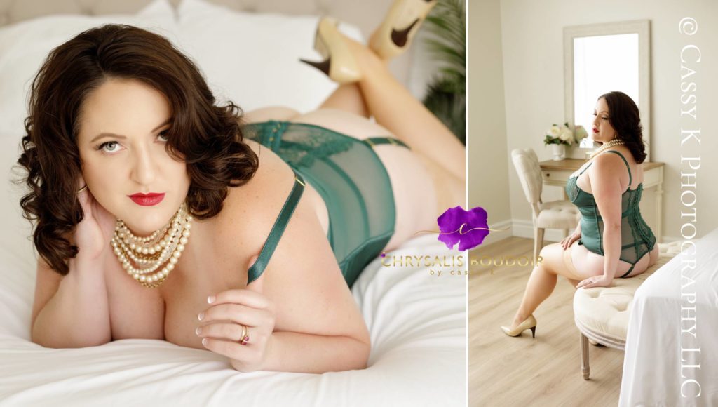 Brunette hair and blue eyed woman wearing vintage emerald teddy feeling like princess for a day with Boudoir Photoshoot