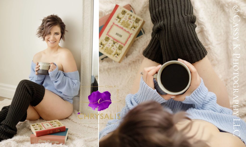 Brunette and blue eyed woman wearing leg warmers and sweater drinking coffee decides it's her turn for DIY Boudoir Photoshoot