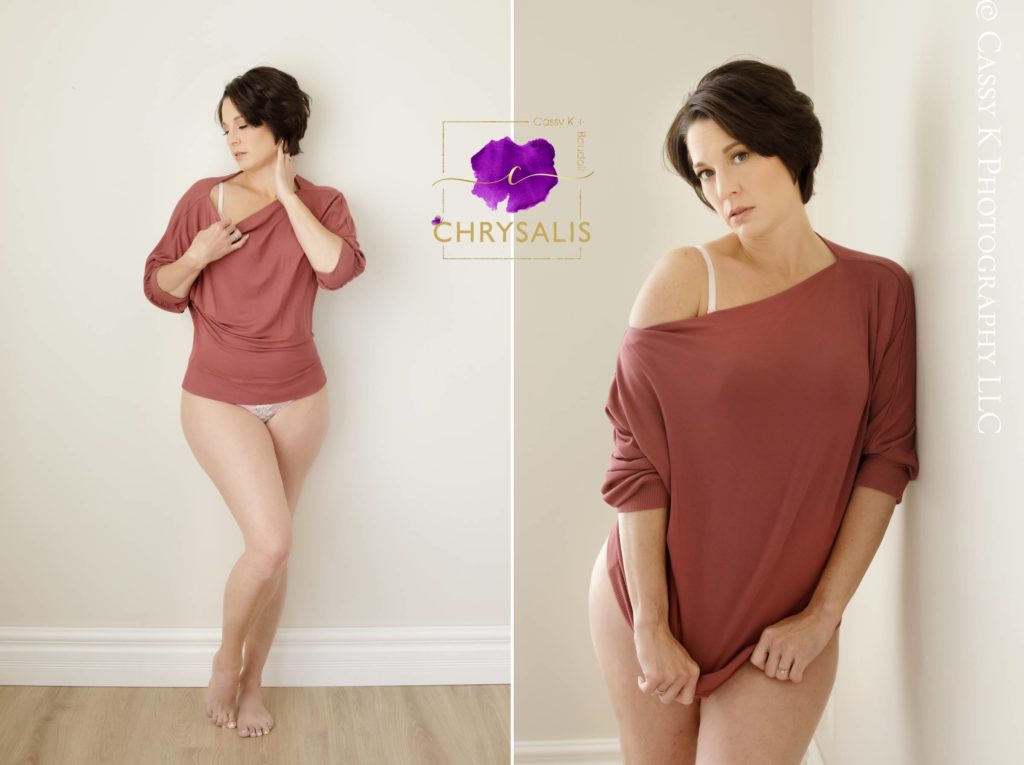 Brunette short haired woman finds herself with off shoulder shirt for Boudoir Photoshoot