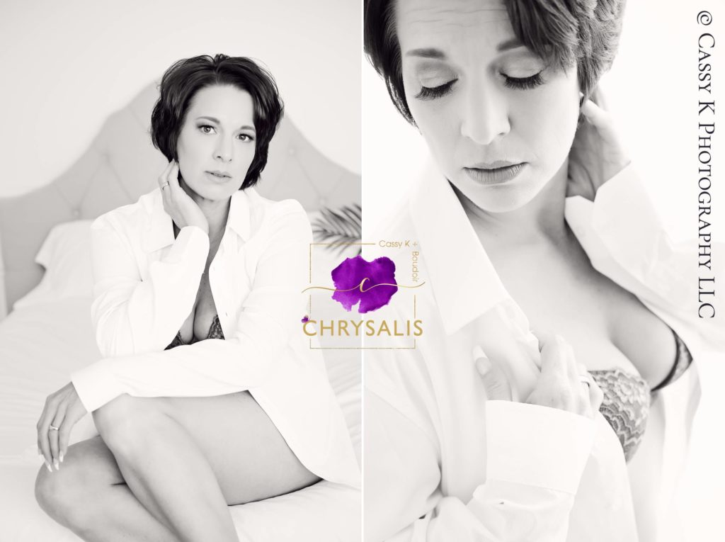 Brunette short haired woman finds herself during Boudoir Photoshoot