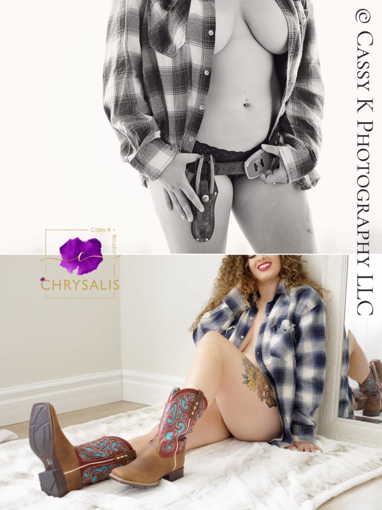 Brunette hair and brown eyed woman creating wedding present in flannel wearing a tool belt for Boudoir Photoshoot