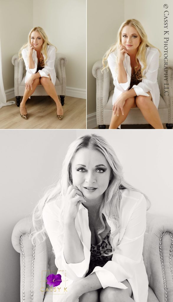 53 year-old Blond hair and Blue eyed woman feels like a supermodel sitting in a gray chair for Boudoir Photoshoot