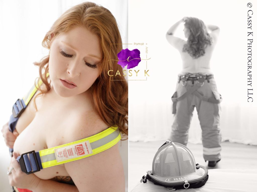Red haired and blue eyed woman in fire fighter gear proves size doesn't matter at Boudoir Photoshoot