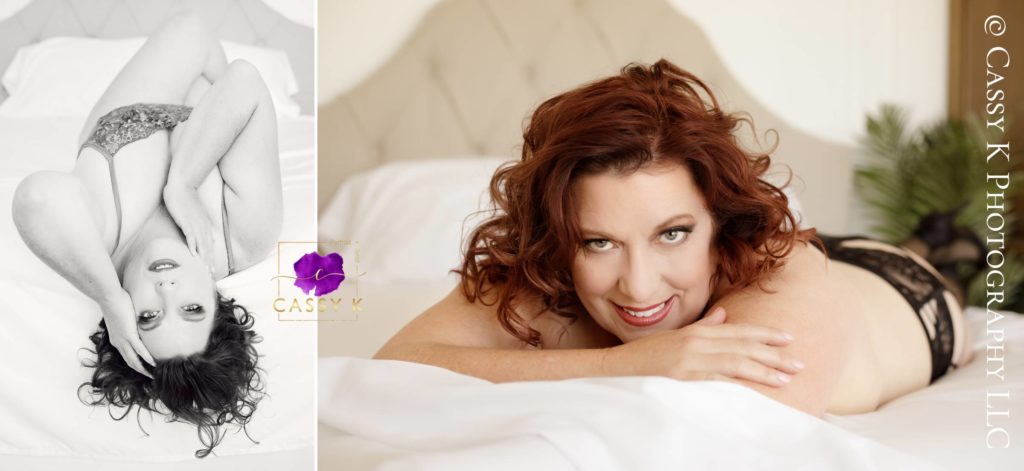 Red haired and blue eyed woman laying on bed claims she's not photogenic at Boudoir Photoshoot