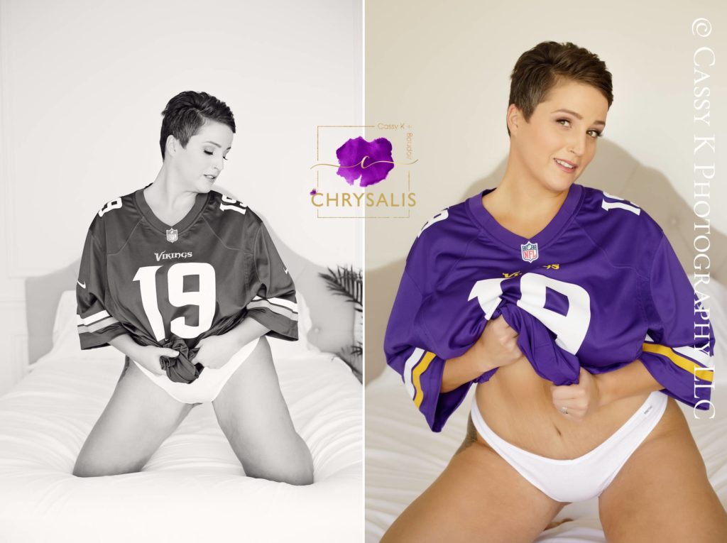 Brunette, blue eyed woman wearing Vikings jersey gains confidence boost during Boudoir Photoshoot