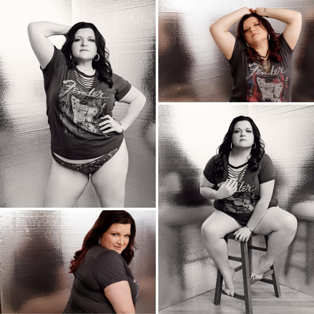 Happy Black haired Blue eyed woman wearing fender t-shirt and lace panties has renewed confidence after Boudoir Photoshoot