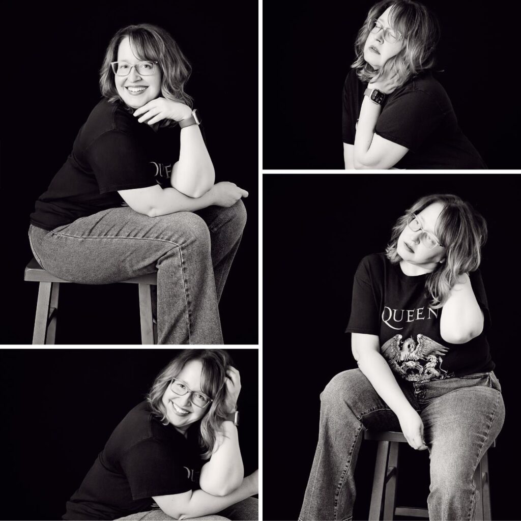 Blond hair and blue green eyed woman black and white exploring emotions and body image after 40 during photoshoot