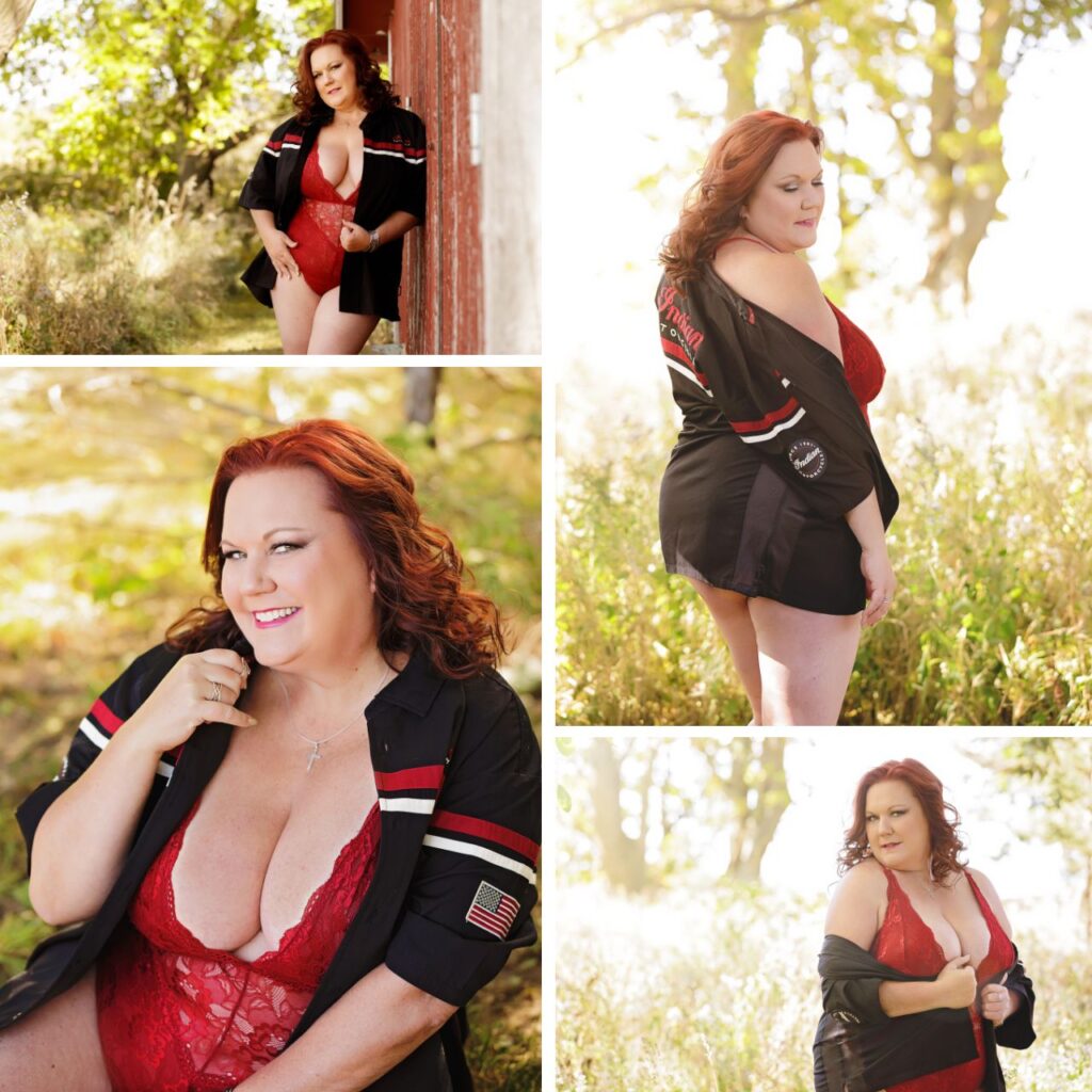 Plus size boudoir confidence red head posing outdoor in red lace bodysuit and Indian motorcycle shirt