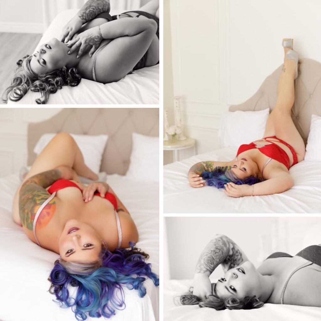 Blue and Purple haired woman wearing red lace bodysuit does boudoir photo shoot for confidence