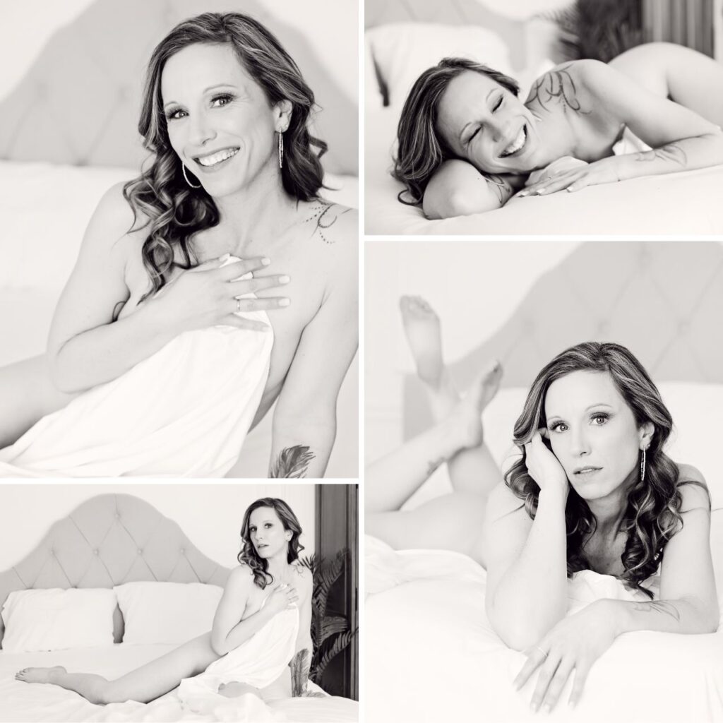 Blond hair mother using white sheet Boudoir Photoshoot to Escape and gain confidence