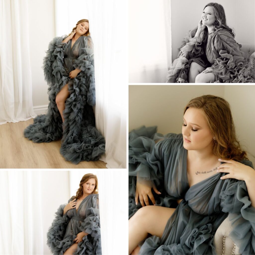 Busy mom wears couture gray tulle gown at glamour magazine styled boudoir photo shoot experience