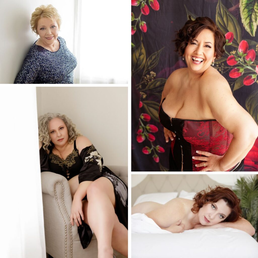 A beautiful photo collage of four radiant women smiling and posing confidently during their luxury portrait experience for women over 40.