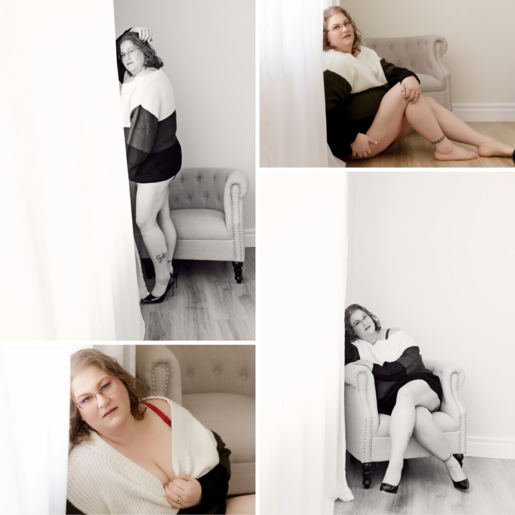 Four portraits of a woman posing in an oversized color-block sweater beside a gray chair.