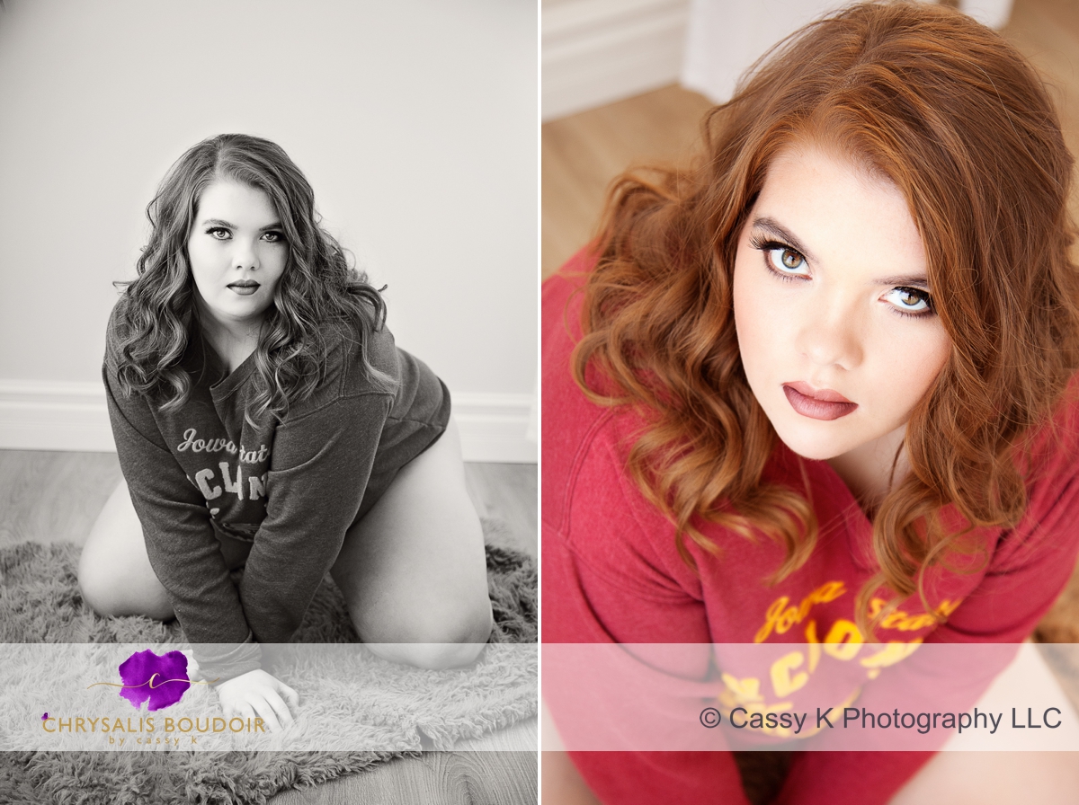Curly Red Head wearing Red Cyclones Sweatshirt for Boudoir Photoshoot helps surviving abuse