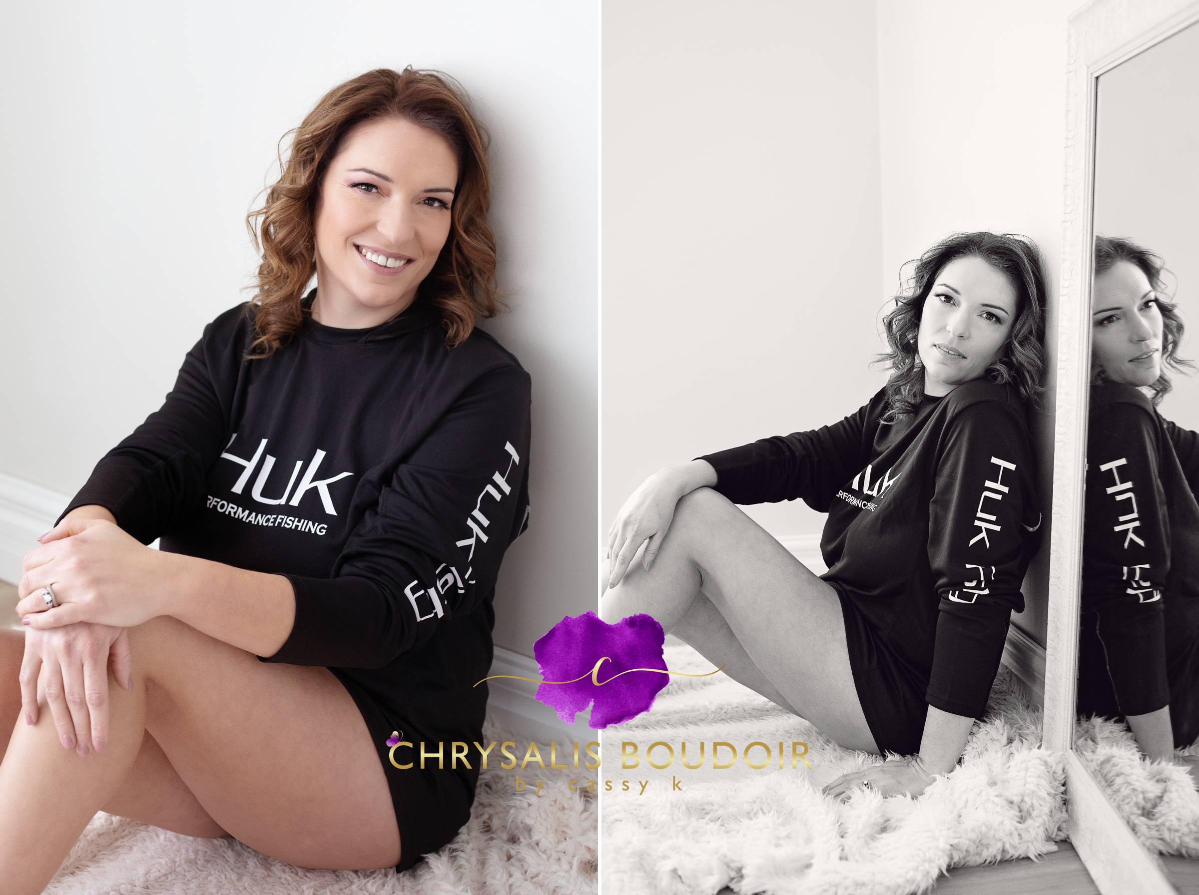 Brunette curly hair and brown eyed woman celebrates turning 40 wears HUK fishing shirt for boudoir photoshoot