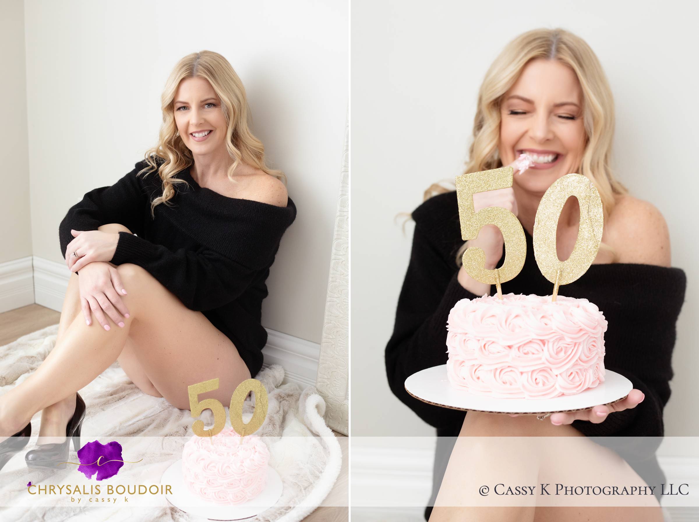 Blond hair and blue eyed woman celebrating 50 in Boudoir Photoshoot